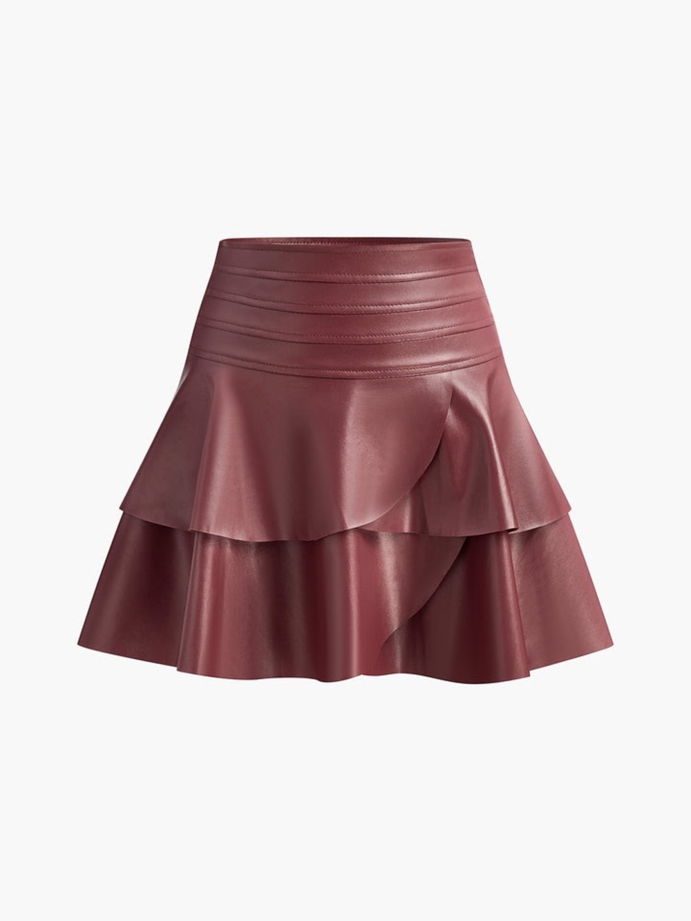 Commense Burgundy Faux Leather Ruffle Mini Skirt